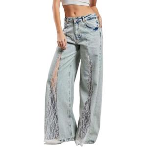 imageYeokou Women High Waist Wide Leg Jeans Denim Pants with Lace Loose Baggy Y2K Pull On TrousersBlue