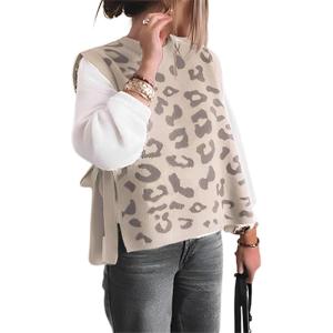 imageYeokou Women Leopard Print Sweater Vest Side Tie Knit Tank Tops Sleeveless Crew Neck Casual Fall OutfitsBeige