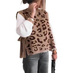 imageYeokou Women Leopard Print Sweater Vest Side Tie Knit Tank Tops Sleeveless Crew Neck Casual Fall OutfitsCamel