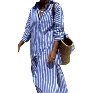 imageYeokou Women Stripe Maxi Dress Button Down Casual Lapel 34 Sleeve Side Slit Loose Shirt Dress with BeltBlue