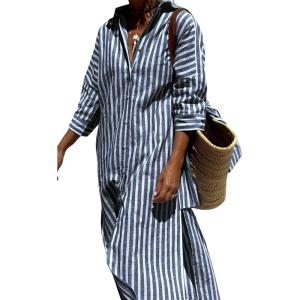 imageYeokou Women Stripe Maxi Dress Button Down Casual Lapel 34 Sleeve Side Slit Loose Shirt Dress with BeltDarkblue