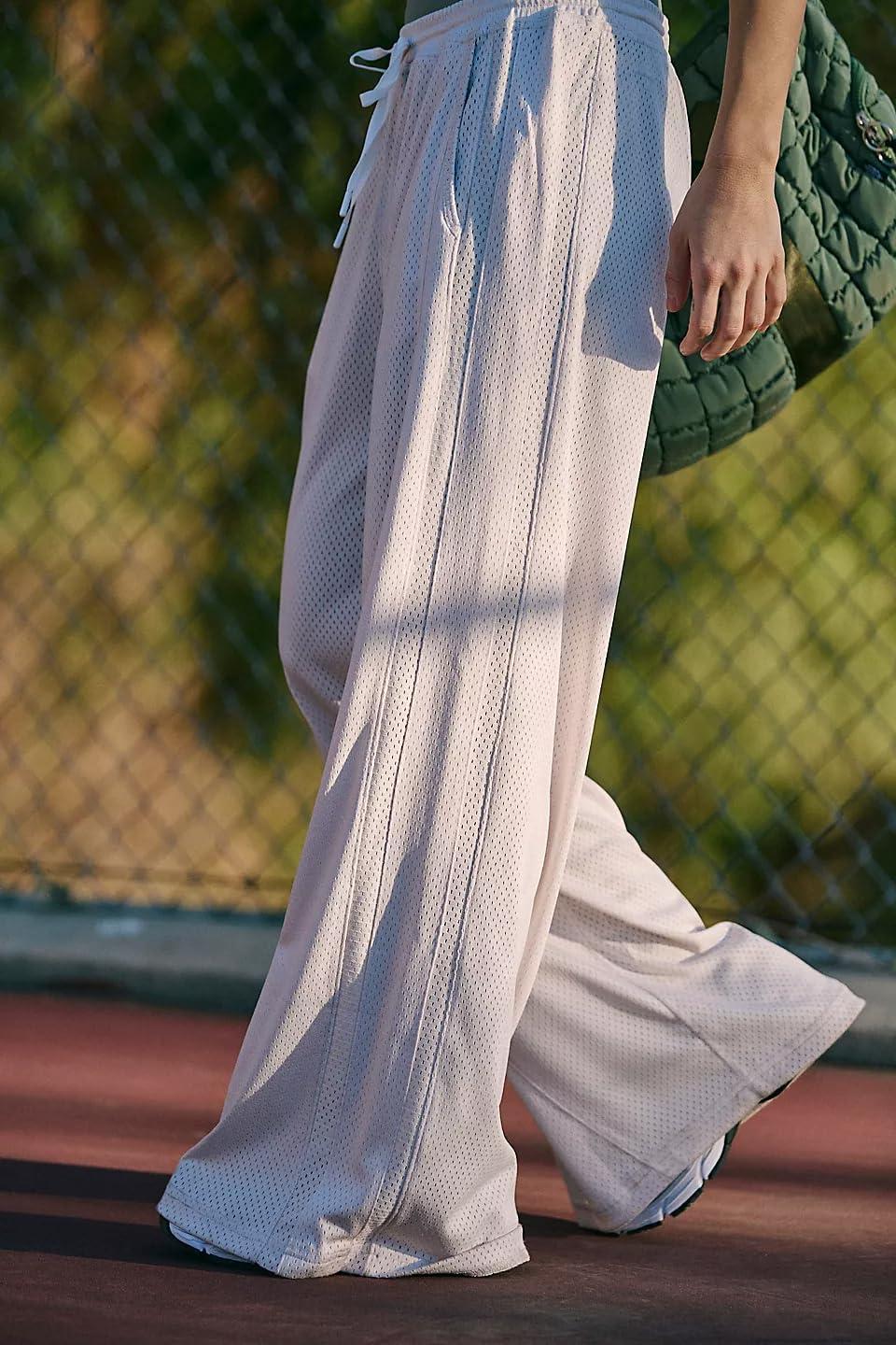 imageYeokou Women Mesh Sports Pants Drawstring Elastic Waist Wide Leg Loose Trousers Breathable Activewear with PocketsBeige