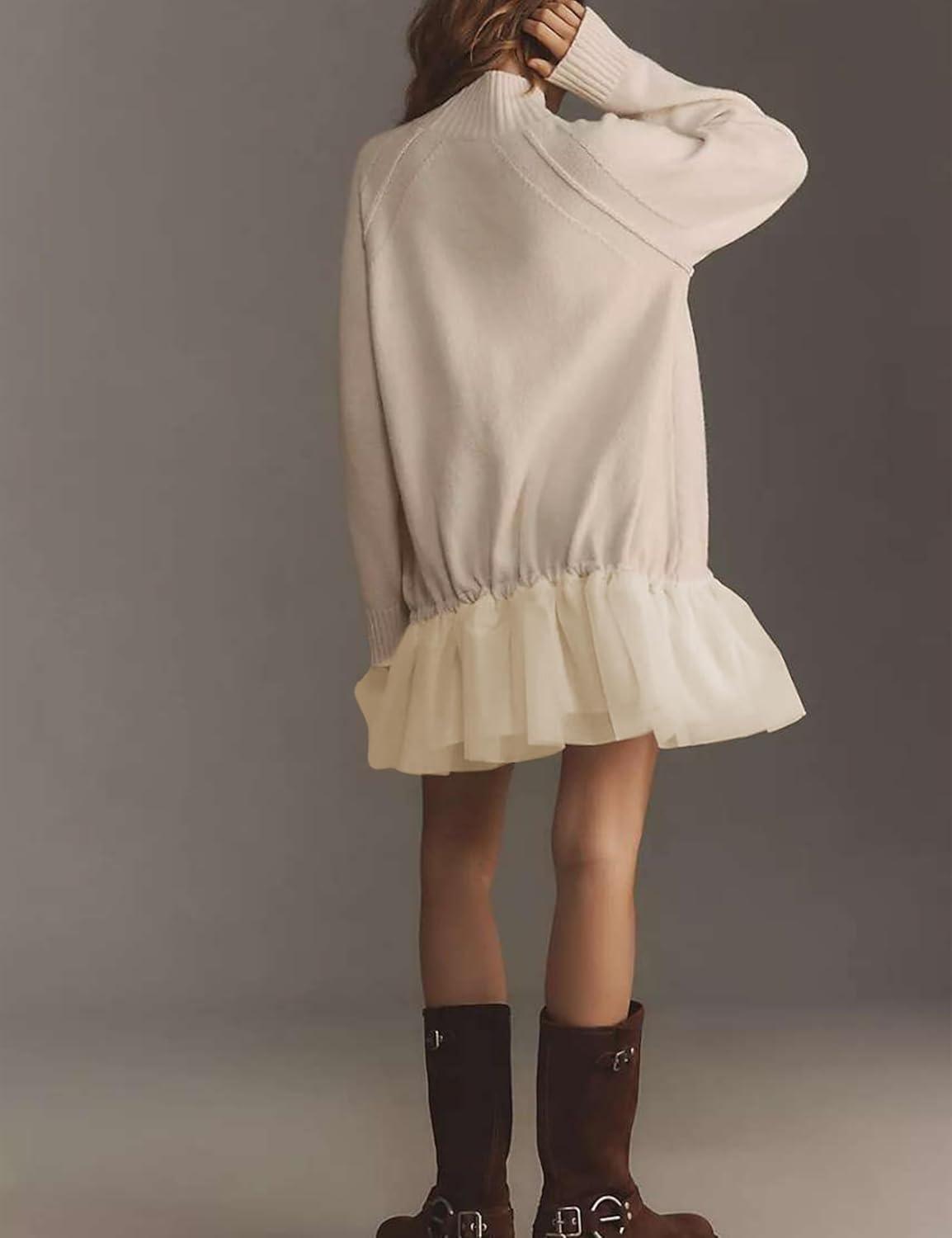 imageYeokou Women Turtleneck Tulle Mini Dress Ribbed Knit Sweater Long Sleeve Elastic Hem Skirt Loose PulloverApricot