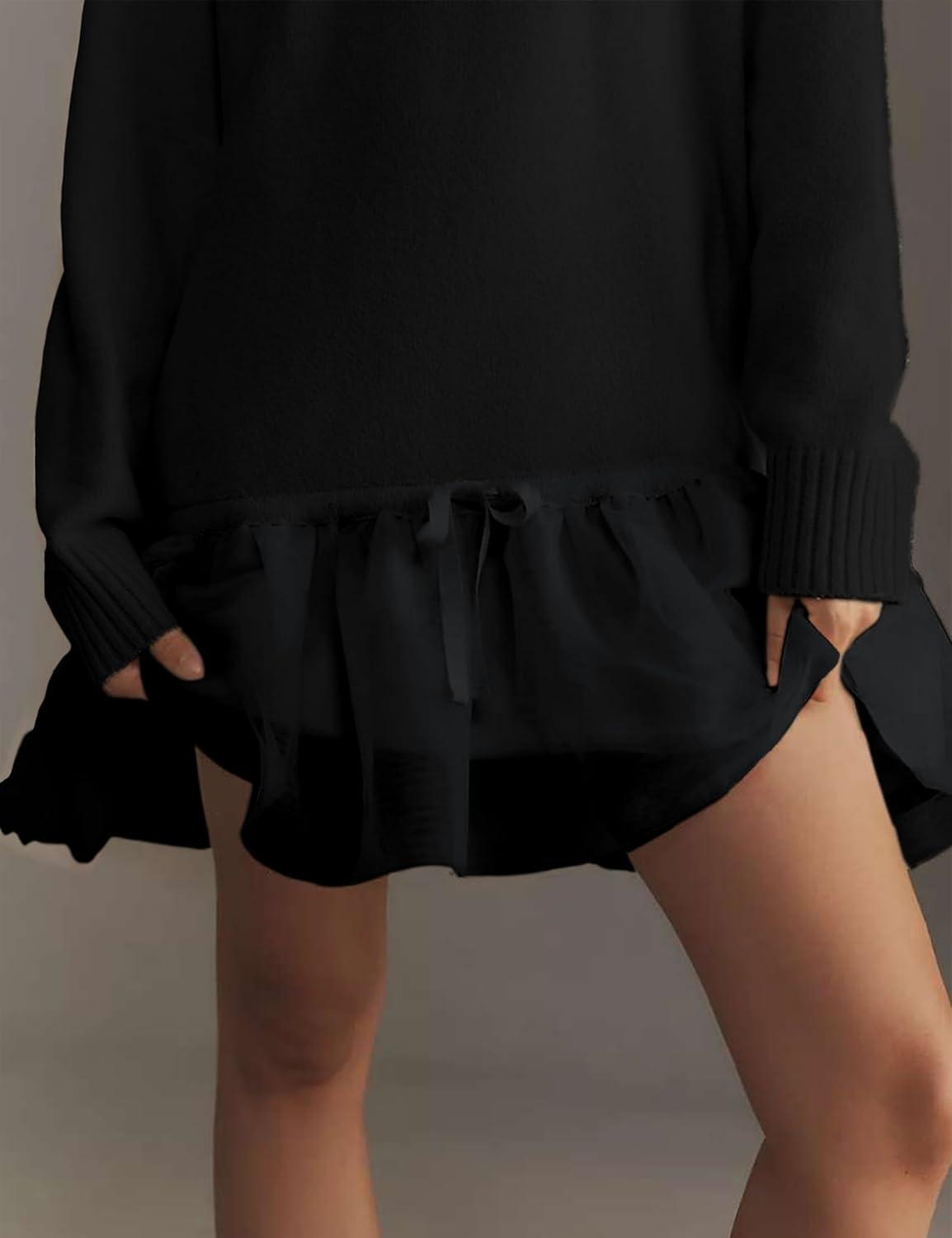 imageYeokou Women Turtleneck Tulle Mini Dress Ribbed Knit Sweater Long Sleeve Elastic Hem Skirt Loose PulloverBlack