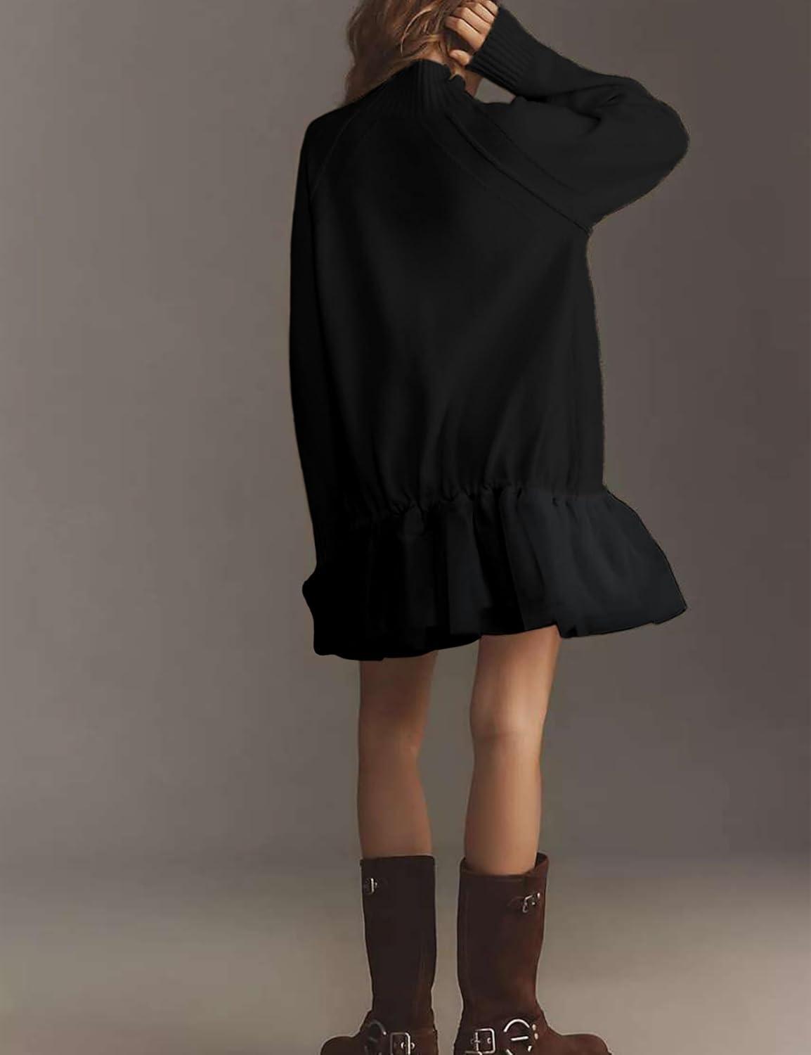 imageYeokou Women Turtleneck Tulle Mini Dress Ribbed Knit Sweater Long Sleeve Elastic Hem Skirt Loose PulloverBlack