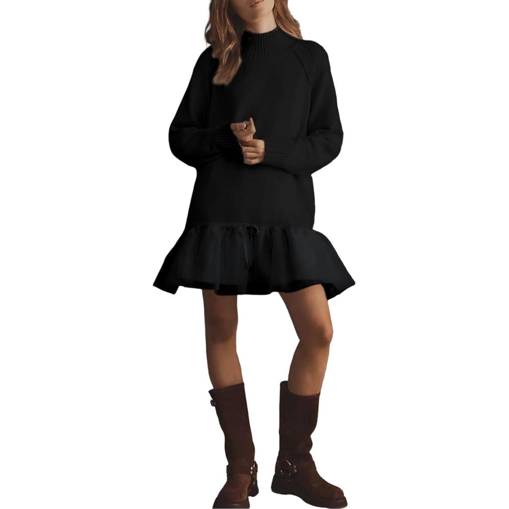 imageYeokou Women Turtleneck Tulle Mini Dress Ribbed Knit Sweater Long Sleeve Elastic Hem Skirt Loose PulloverBlack