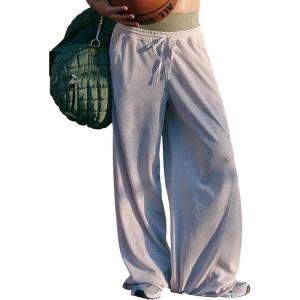 imageYeokou Women Mesh Sports Pants Drawstring Elastic Waist Wide Leg Loose Trousers Breathable Activewear with PocketsBeige
