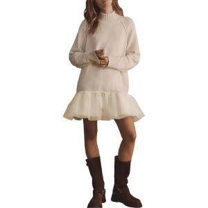 imageYeokou Women Turtleneck Tulle Mini Dress Ribbed Knit Sweater Long Sleeve Elastic Hem Skirt Loose PulloverApricot