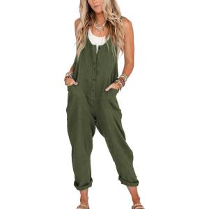 imageYeokou Womens Overalls Linen Cotton Jumpsuits Loose Casual Jumpers with PocketsArmygreen