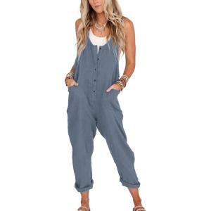imageYeokou Womens Overalls Linen Cotton Jumpsuits Loose Casual Jumpers with PocketsBluegrey