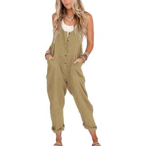imageYeokou Womens Overalls Linen Cotton Jumpsuits Loose Casual Jumpers with PocketsDarkkhaki