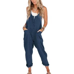 imageYeokou Womens Overalls Linen Cotton Jumpsuits Loose Casual Jumpers with PocketsNavy