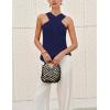 imageYeokou Women Halter Cross Over Collar Tank Knit Sleeveless Top Solid Color Casual Summer BlouseNavy