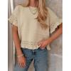 imageYeokou Womens Short Sleeve Sweater Round Neck Ruffled Hem Knit Crochet Pullover Summer Fall Casual Top BlouseKhaki