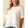 imageYeokou Womens Short Sleeve Sweater Round Neck Ruffled Hem Knit Crochet Pullover Summer Fall Casual Top BlouseWhite
