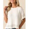 imageYeokou Womens Short Sleeve Sweater Round Neck Ruffled Hem Knit Crochet Pullover Summer Fall Casual Top BlouseWhite
