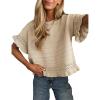 imageYeokou Womens Short Sleeve Sweater Round Neck Ruffled Hem Knit Crochet Pullover Summer Fall Casual Top BlouseKhaki
