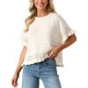 imageYeokou Womens Short Sleeve Sweater Round Neck Ruffled Hem Knit Crochet Pullover Summer Fall Casual Top BlouseWhite