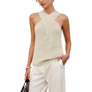 imageYeokou Women Halter Cross Over Collar Tank Knit Sleeveless Top Solid Color Casual Summer BlouseApricot