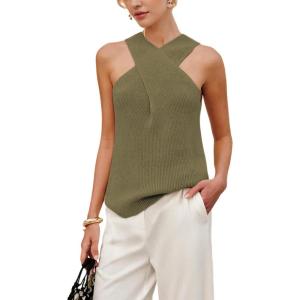 imageYeokou Women Halter Cross Over Collar Tank Knit Sleeveless Top Solid Color Casual Summer BlouseArmygreen