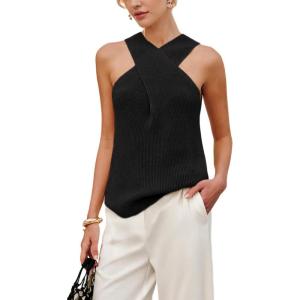 imageYeokou Women Halter Cross Over Collar Tank Knit Sleeveless Top Solid Color Casual Summer BlouseBlack