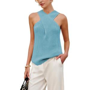 imageYeokou Women Halter Cross Over Collar Tank Knit Sleeveless Top Solid Color Casual Summer BlouseBlue