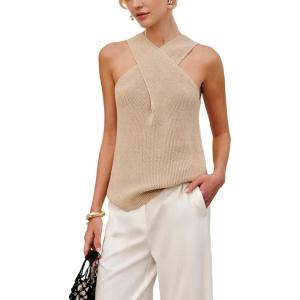 imageYeokou Women Halter Cross Over Collar Tank Knit Sleeveless Top Solid Color Casual Summer BlouseKhaki