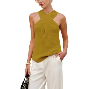imageYeokou Women Halter Cross Over Collar Tank Knit Sleeveless Top Solid Color Casual Summer BlouseMustardyellow