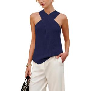 imageYeokou Women Halter Cross Over Collar Tank Knit Sleeveless Top Solid Color Casual Summer BlouseNavy