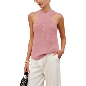 imageYeokou Women Halter Cross Over Collar Tank Knit Sleeveless Top Solid Color Casual Summer BlousePink