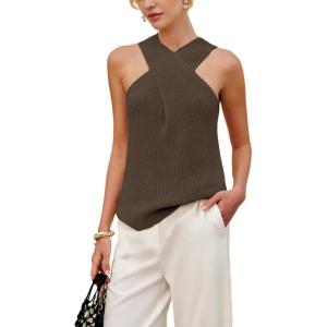 imageYeokou Women Halter Cross Over Collar Tank Knit Sleeveless Top Solid Color Casual Summer BlouseTaupe