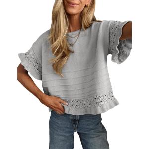 imageYeokou Womens Short Sleeve Sweater Round Neck Ruffled Hem Knit Crochet Pullover Summer Fall Casual Top BlouseGray