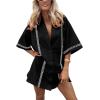 imageYeokou Lace Mini Shirt Dress Cotton Summer Casual Short Sleeve Womens Button Down Romper Dresses BlackXS