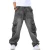 imageYeokou Mens Casual Loose Hip Hop Denim Work Pants Jeans with Cargo PocketsDarkgrey