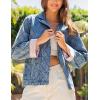 imageYeokou Women Washed Denim Jacket Casual Quilted Floral Lining V Neck Lapel Button Down Loose Coat with PocketsBlue