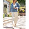 imageYeokou Women Washed Denim Jacket Casual Quilted Floral Lining V Neck Lapel Button Down Loose Coat with PocketsBlue