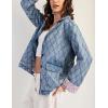 imageYeokou Women Washed Denim Jacket Casual Quilted Floral Lining V Neck Lapel Button Down Loose Coat with PocketsBlue