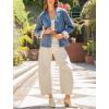 imageYeokou Women Washed Denim Jacket Casual Quilted Floral Lining V Neck Lapel Button Down Loose Coat with PocketsBlue