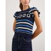 imageYeokou Womens Crochet Sweater Top Short Flutter Sleeve Crew Neck Summer Casual Knit Tank PulloversNavy