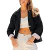 imageYeokou Women Washed Denim Jacket Casual Quilted Floral Lining V Neck Lapel Button Down Loose Coat with PocketsBlack