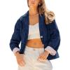 imageYeokou Women Washed Denim Jacket Casual Quilted Floral Lining V Neck Lapel Button Down Loose Coat with PocketsDarkblue