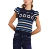 imageYeokou Womens Crochet Sweater Top Short Flutter Sleeve Crew Neck Summer Casual Knit Tank PulloversNavy