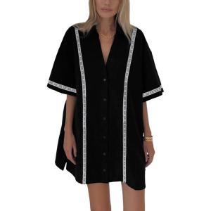 imageYeokou Lace Mini Shirt Dress Cotton Summer Casual Short Sleeve Womens Button Down Romper Dresses BlackXS