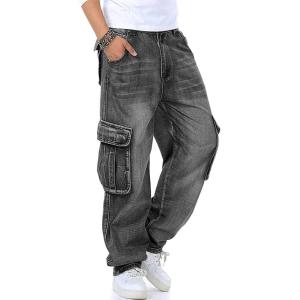 imageYeokou Mens Casual Loose Hip Hop Denim Work Pants Jeans with Cargo PocketsDarkgrey