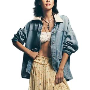 imageYeokou Women Oversize Denim Jacket Casual Button Down Jean Coat Long Sleeve Shacket Outfit with PocketsBlue