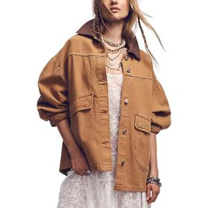 imageYeokou Women Oversize Denim Jacket Casual Button Down Jean Coat Long Sleeve Shacket Outfit with PocketsBrown