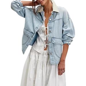 imageYeokou Women Oversize Denim Jacket Casual Button Down Jean Coat Long Sleeve Shacket Outfit with PocketsLightblue