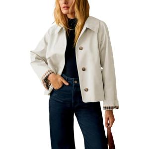 imageYeokou Women Oversize Trench Coat Plaid Lining Lapel Button Down Casual Crop Jacket Outwear with PocketsBeige
