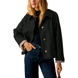 imageYeokou Women Oversize Trench Coat Plaid Lining Lapel Button Down Casual Crop Jacket Outwear with PocketsBlack