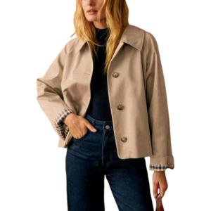 imageYeokou Women Oversize Trench Coat Plaid Lining Lapel Button Down Casual Crop Jacket Outwear with PocketsKhaki